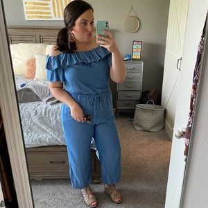 LOFT off the shoulder denim romper